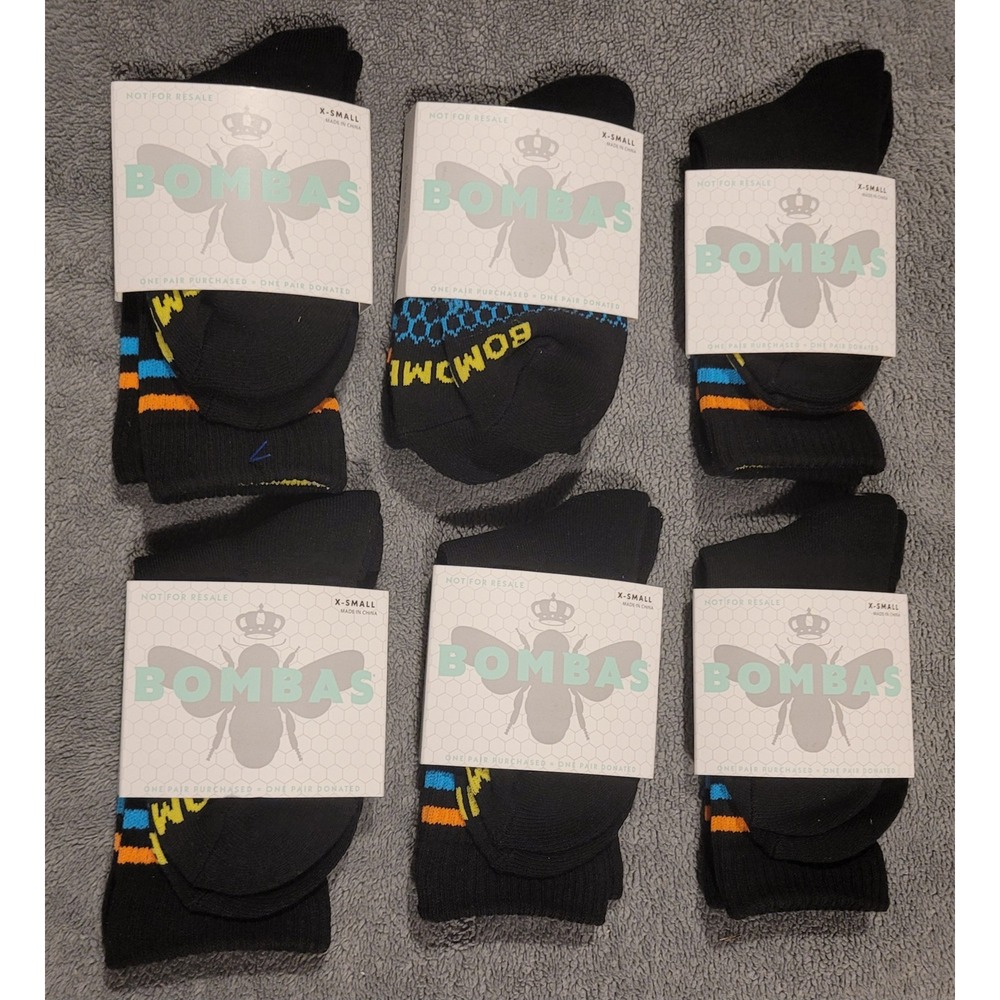 Bombas Youth X-Small Calf Socks 6 Pair Set Black Orange Blue Honeycomb Support